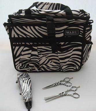 Zebra Print Wahl Pro-Clip clippers, Ama Silhouette scissors and bag