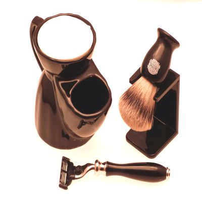 Black shaving mug, brush and razor gift set