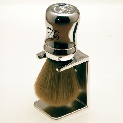 Omega Synthetic shaving brush with chrome plated acrylic dripstand