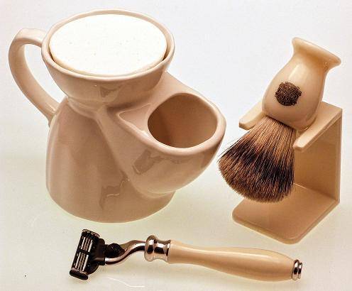 White shaving mug, brush and razor gift set