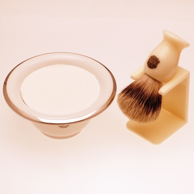 Muhle white porcelain shaving bowl, badger shaving brush and stand