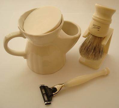 Progress Vulfix 404 shaving brush and stand, white pottery shaving mug and soap & razor