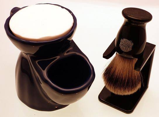 Blue shaving mug and black brush gift set