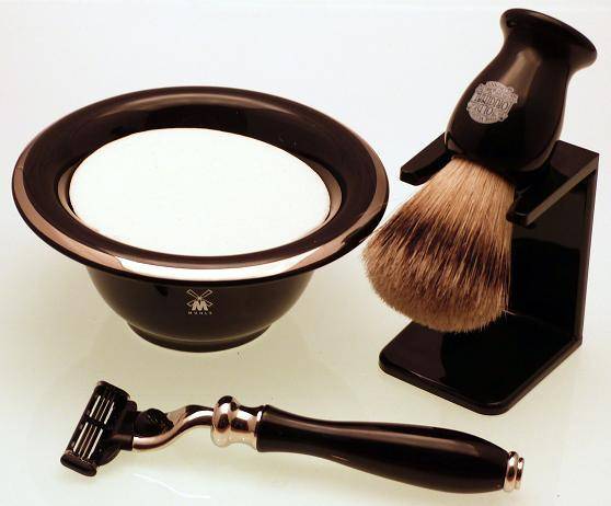 Muhle black porcelain shaving bowl, badger shaving brush with stand and razor premium package