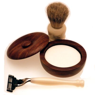 Progress Vulfix 404 shaving brush, small wood shaving bowl and Progress Mach 3 razor