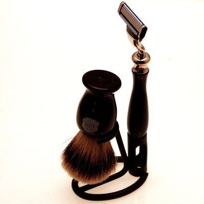 Black Mach 3 razor, Super Badger shaving brush and stand