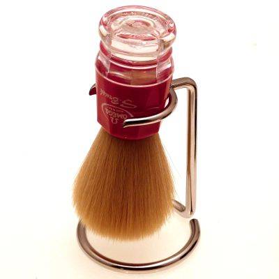 Omega Synthetic shaving brush, red with Chrome Dripstand